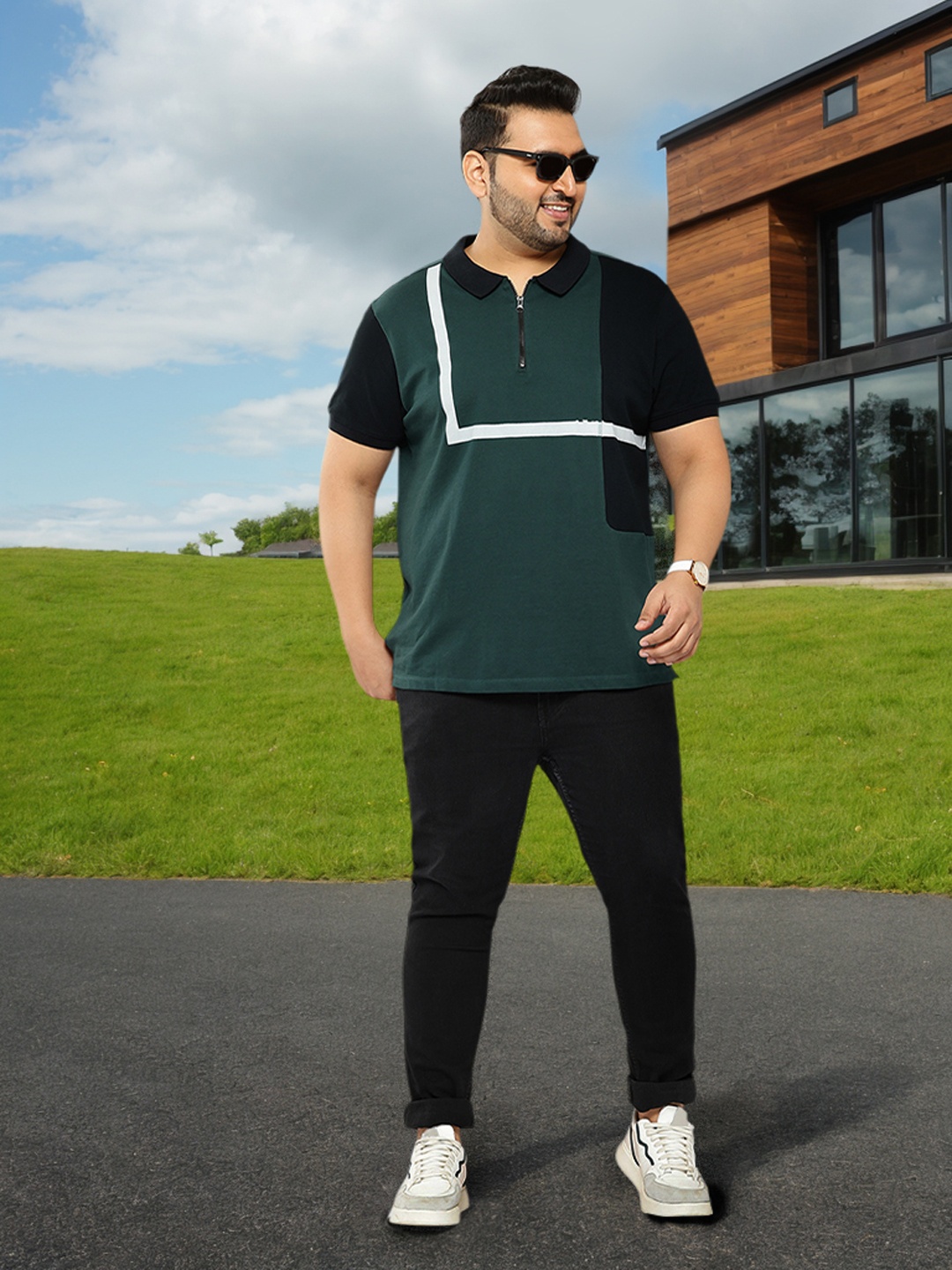 

Sztori Plus Size Half-Zipper Colourblocked T-shirt, Green