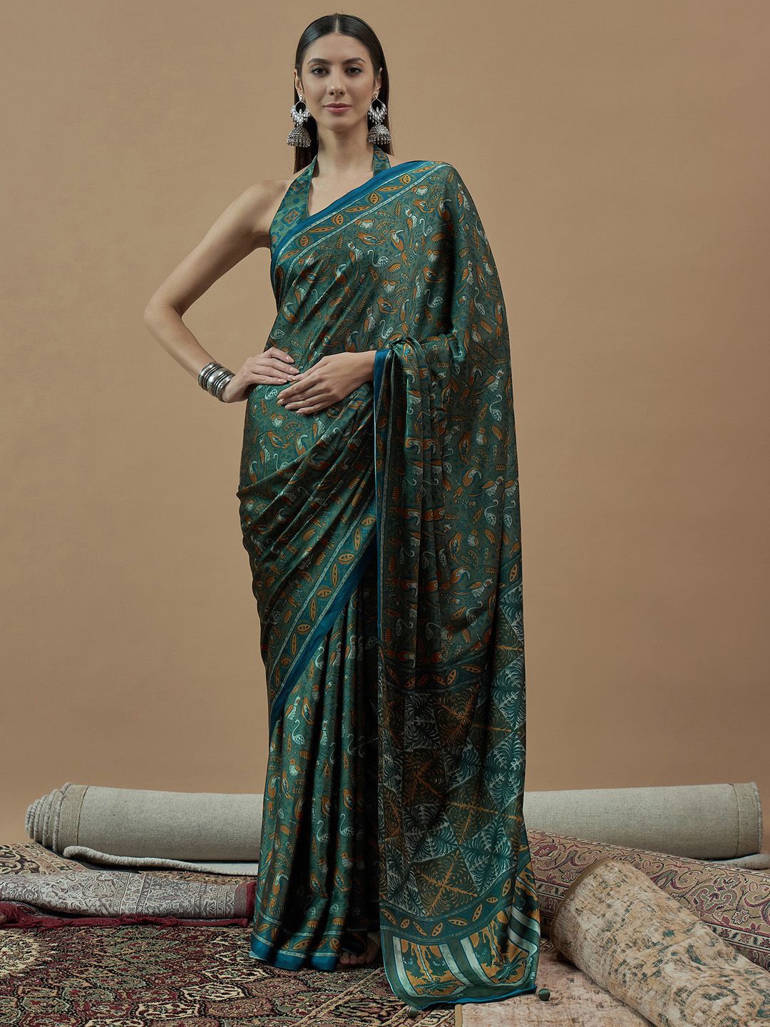 

Saree mall Poly Crepe Block Print Sarees, Teal