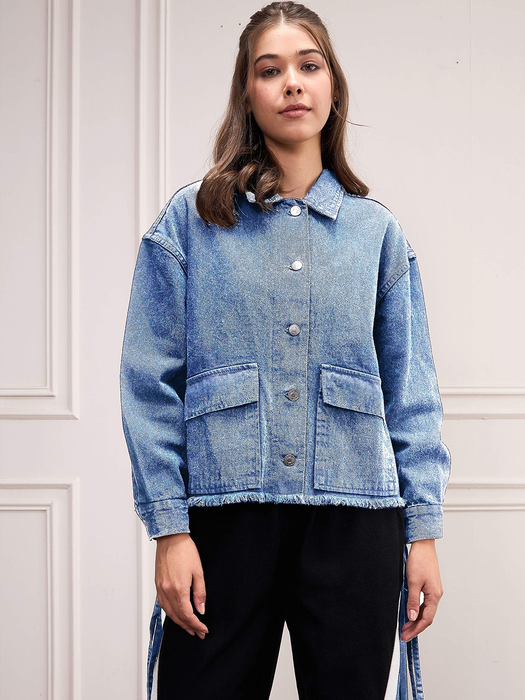 

SASSAFRAS Women Denim Jacket with Patchwork, Blue