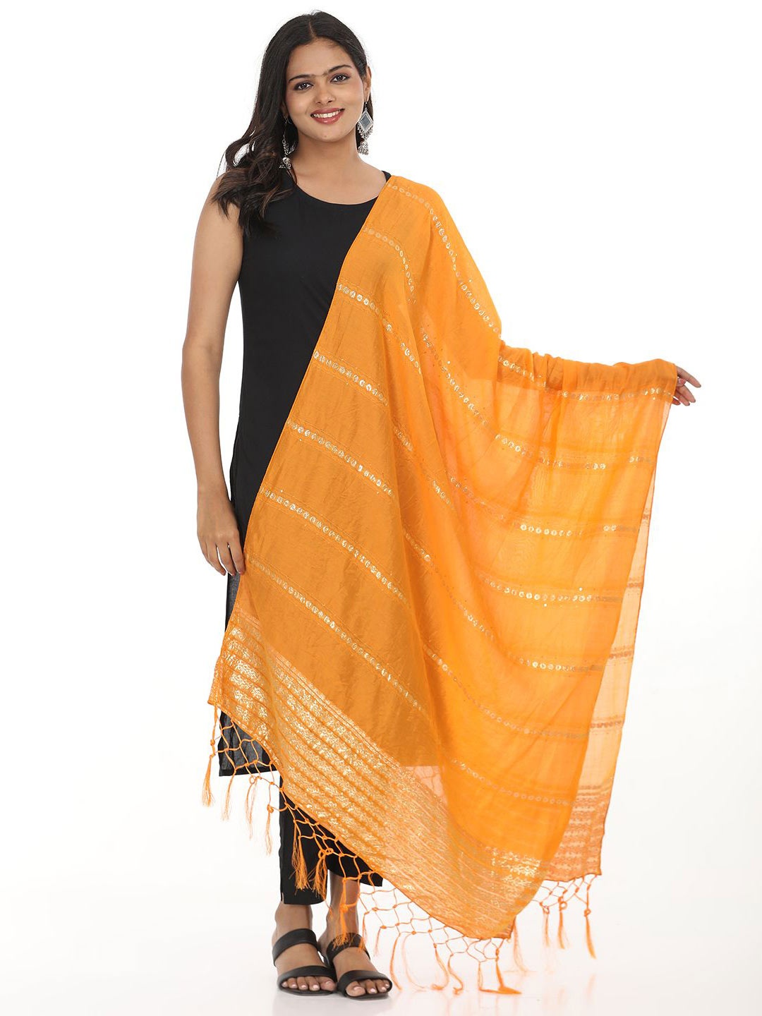 

HELLA FASHIONS Striped Viscose Rayon Dupatta, Orange