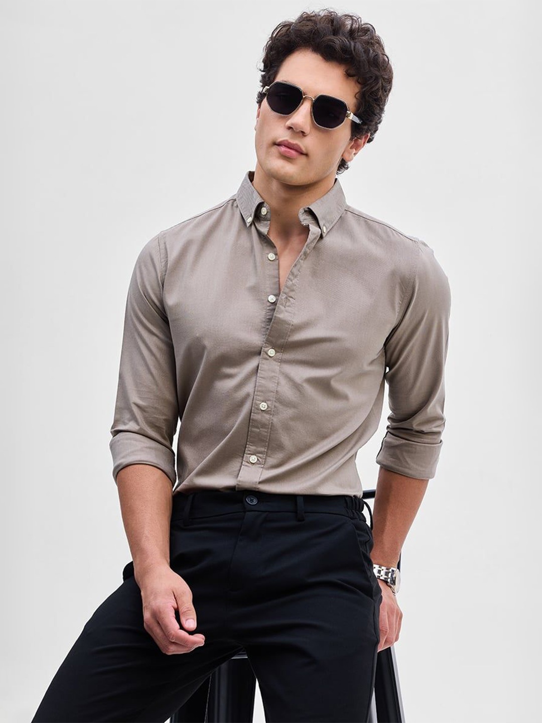

Snitch Men Smart Button-Down Collar Solid Cotton Slim Fit Formal Shirt, Brown