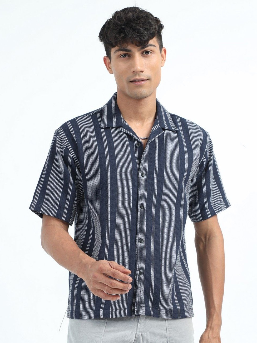

NEVER NEUD Men Relaxed Striped Jacquard Oversized Casual Shirt, Navy blue
