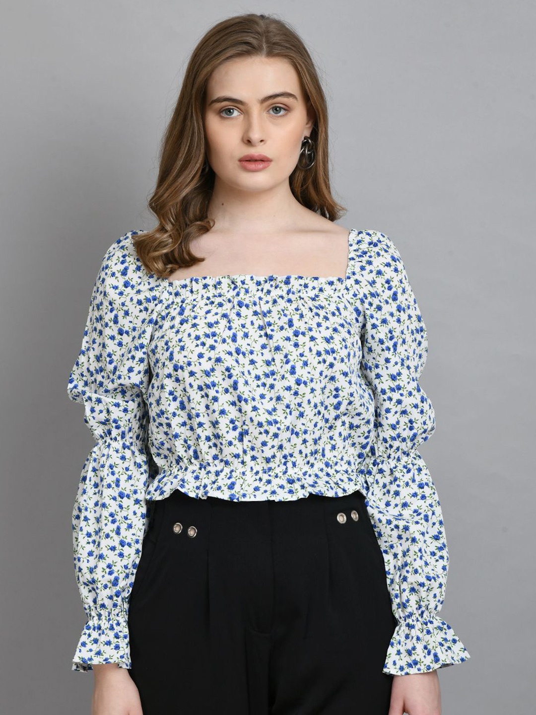 

all about you Women Floral Print Bell Sleeve Crop Top, White