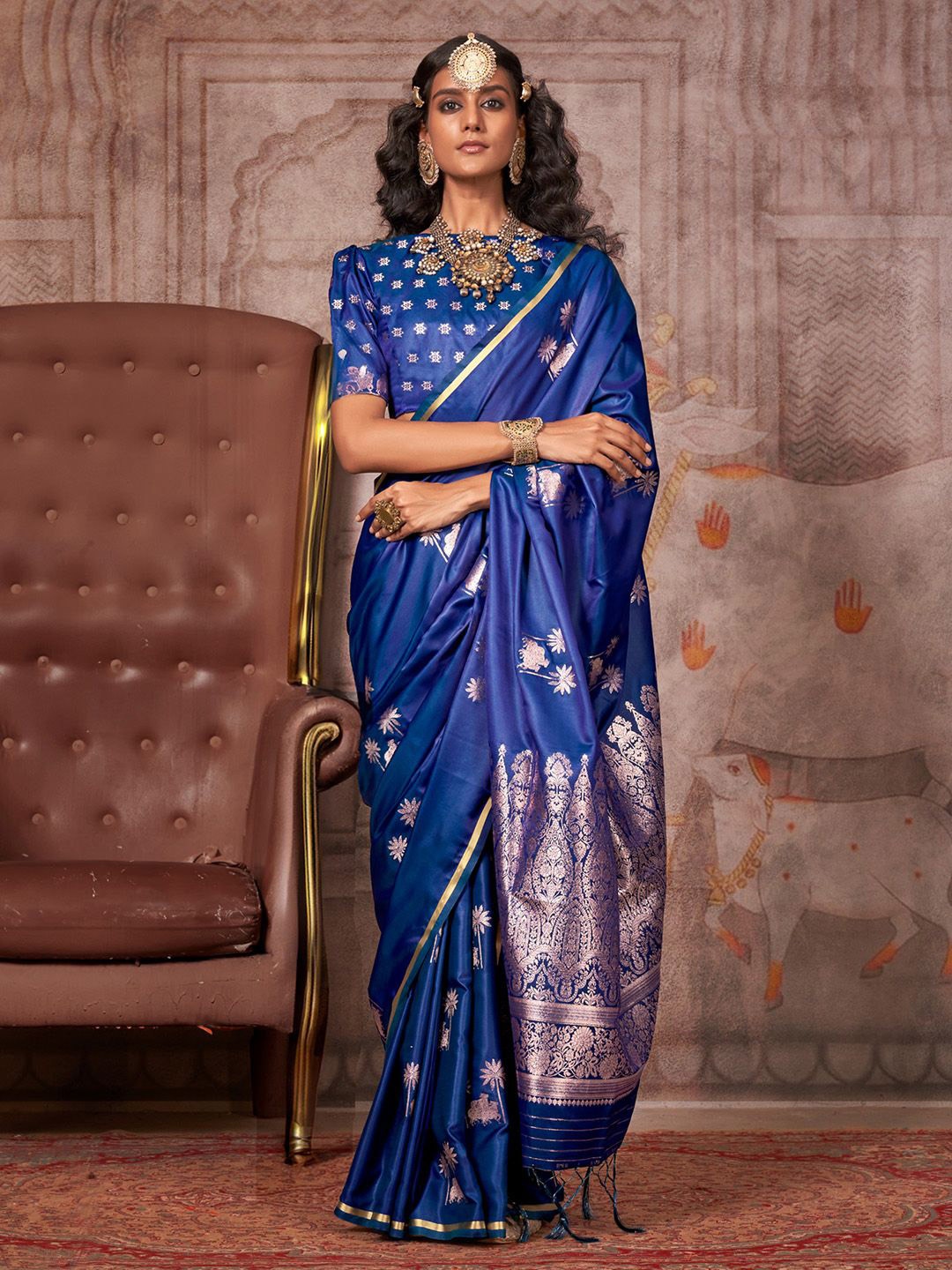 

Mitera Ethnic Motifs Zari Satin Designer Gadwal Saree, Navy blue