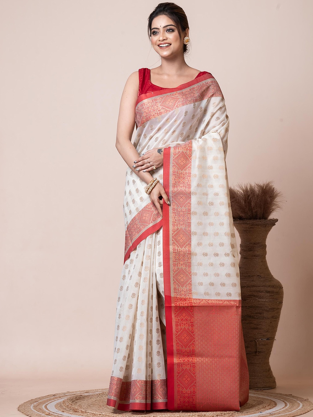 

VIBHAVARI Floral Woven Design Zari Saree, Beige