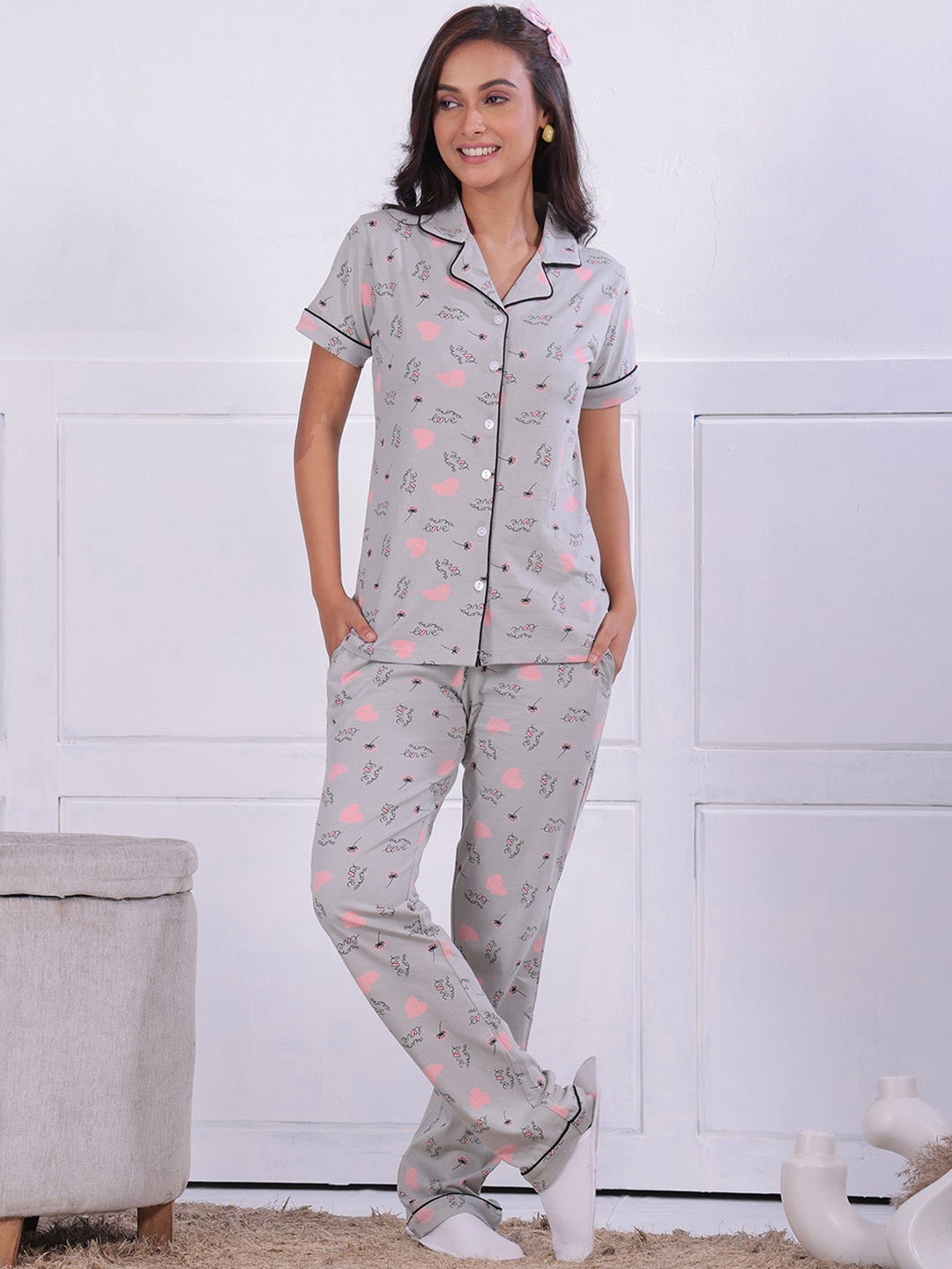 

NAP STORY Dandelian Printed Half Sleeves Shirt and Pyjama Nightsuit Set, Grey