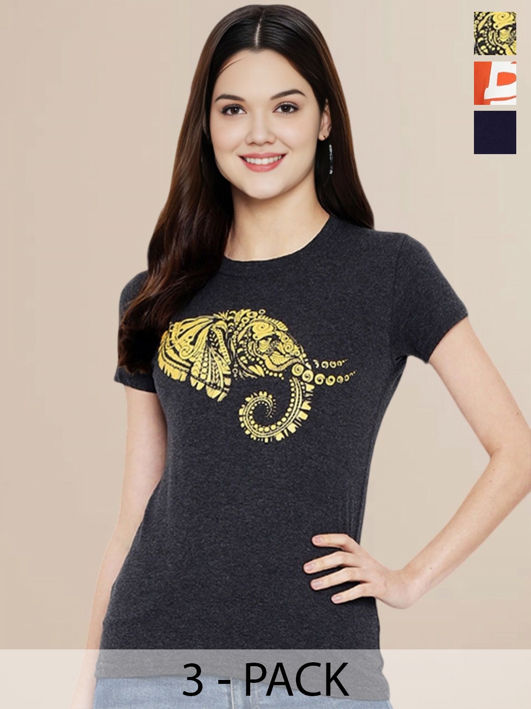 

Metronaut Women Pack Of 3 Typography Printed Round Neck Cotton T-shirts, Navy blue