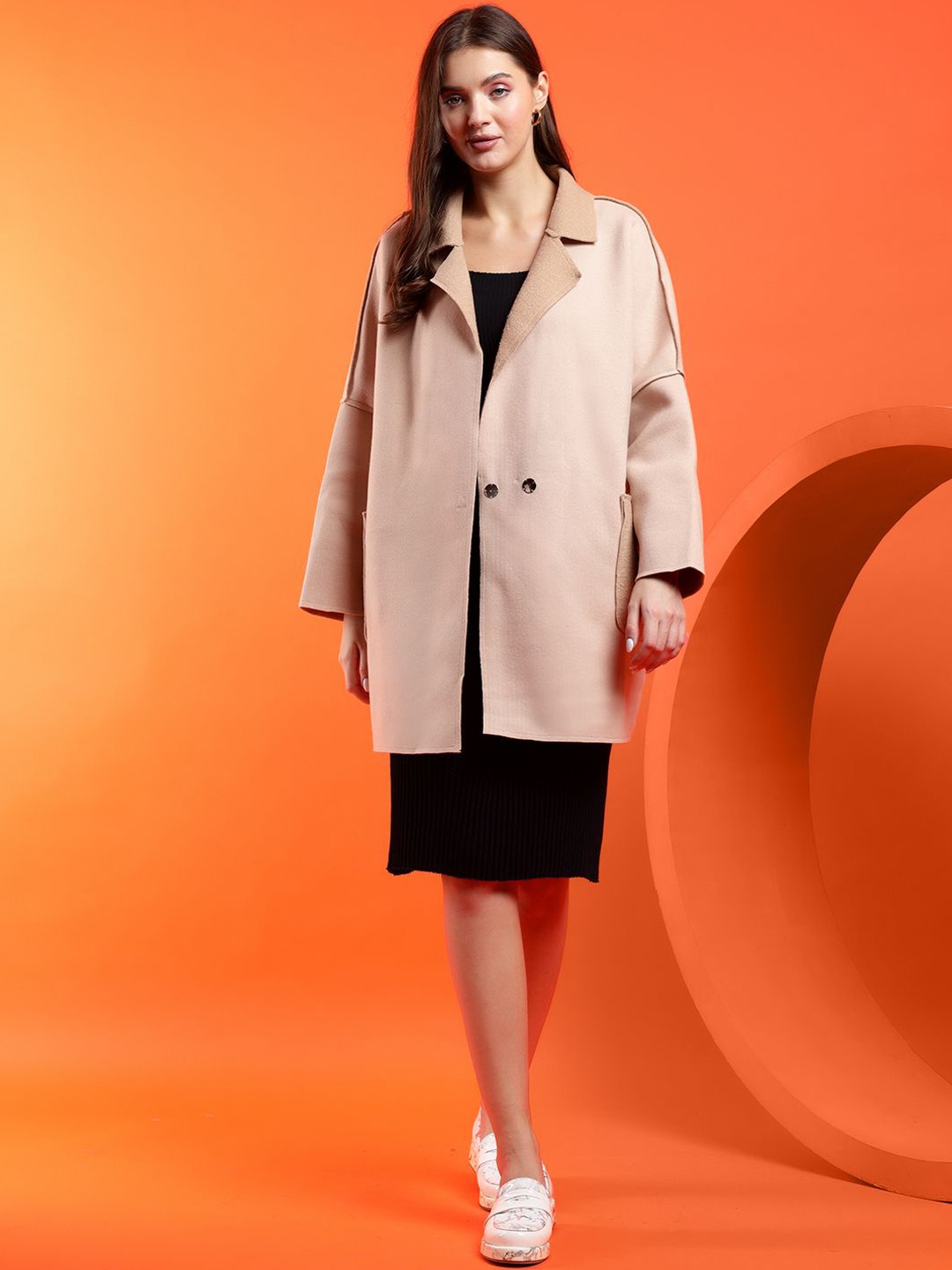 

Kotty Women Notched Lapel Longline Overcoat, Beige