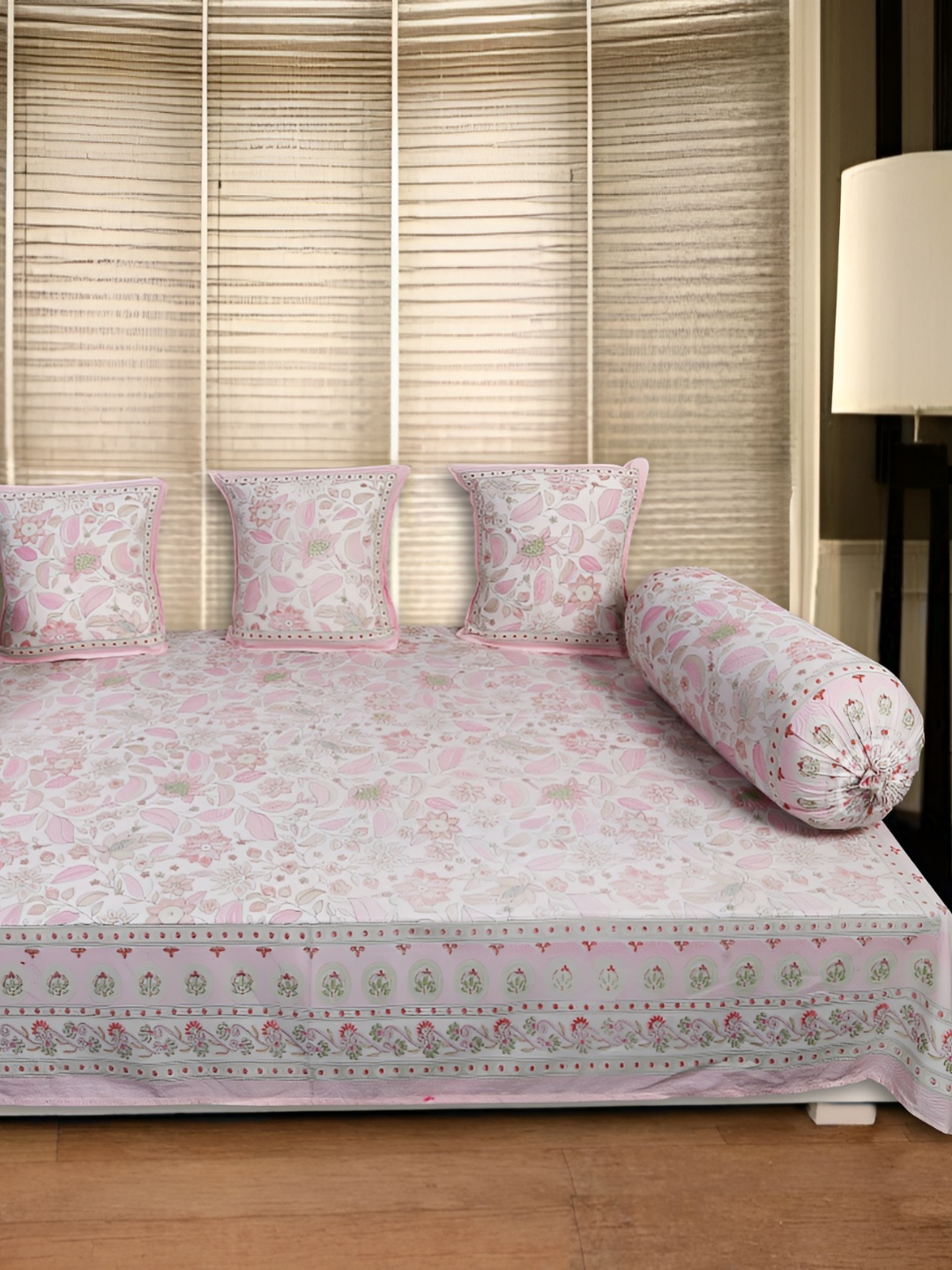 

INDHOME LIFE 6-Pcs White & Pink Printed Pure Cotton Diwan Set
