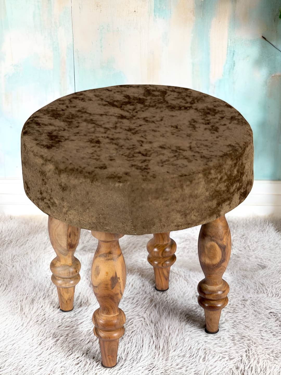 

Ikiriya Roswell Sheesham Wood Sparkle Velvet Upholstery Contemporary Round Stool, Olive