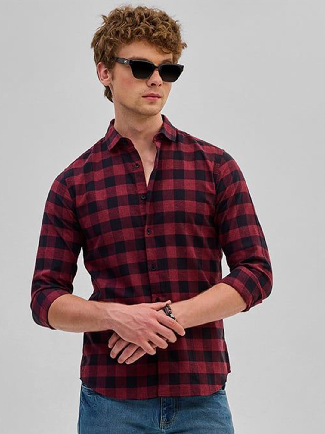 

Snitch Men Smart Spread Collar Checked Cotton Slim Fit Casual Shirt, Red