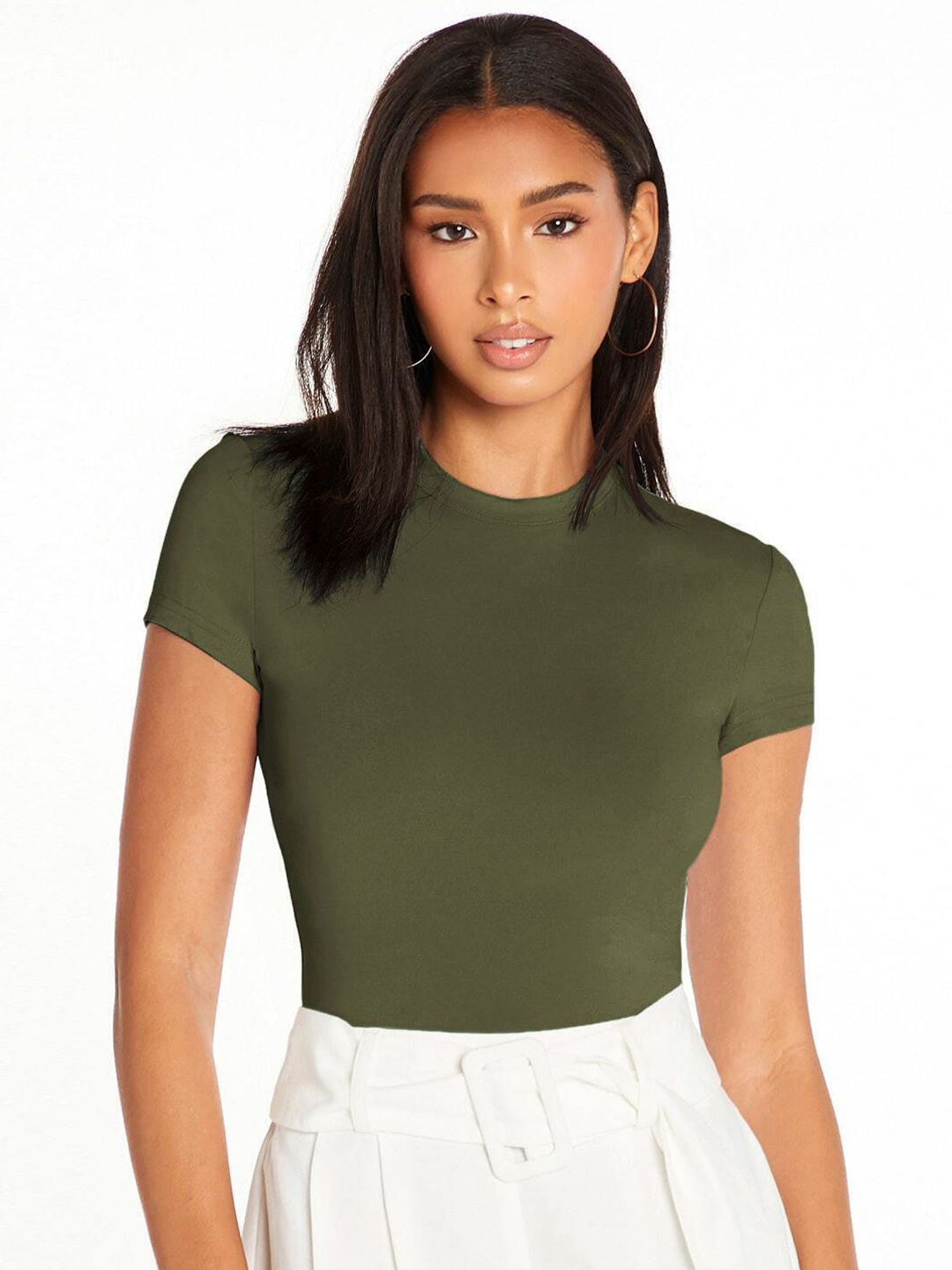 

Stylecast X Slyck Round Neck Fitted Crop Top, Olive