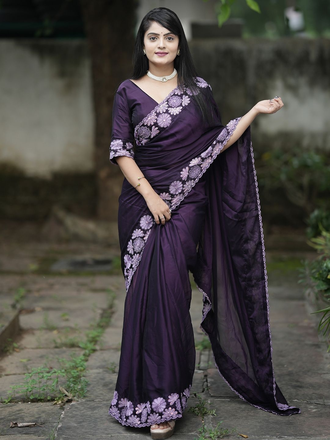 

Saree mall Sequinned Satin Designer Sarees, Purple