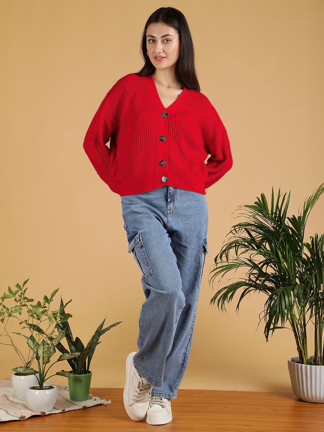 

Stylecast X Kotty Women Cotton V-Neck Ribbed Cardigan Sweaters, Red