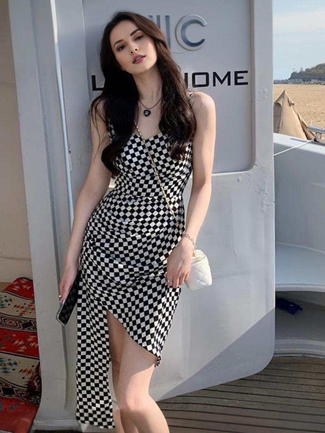

StyleCast Women Checked Shoulder Straps A-Line Mini Dress, Black