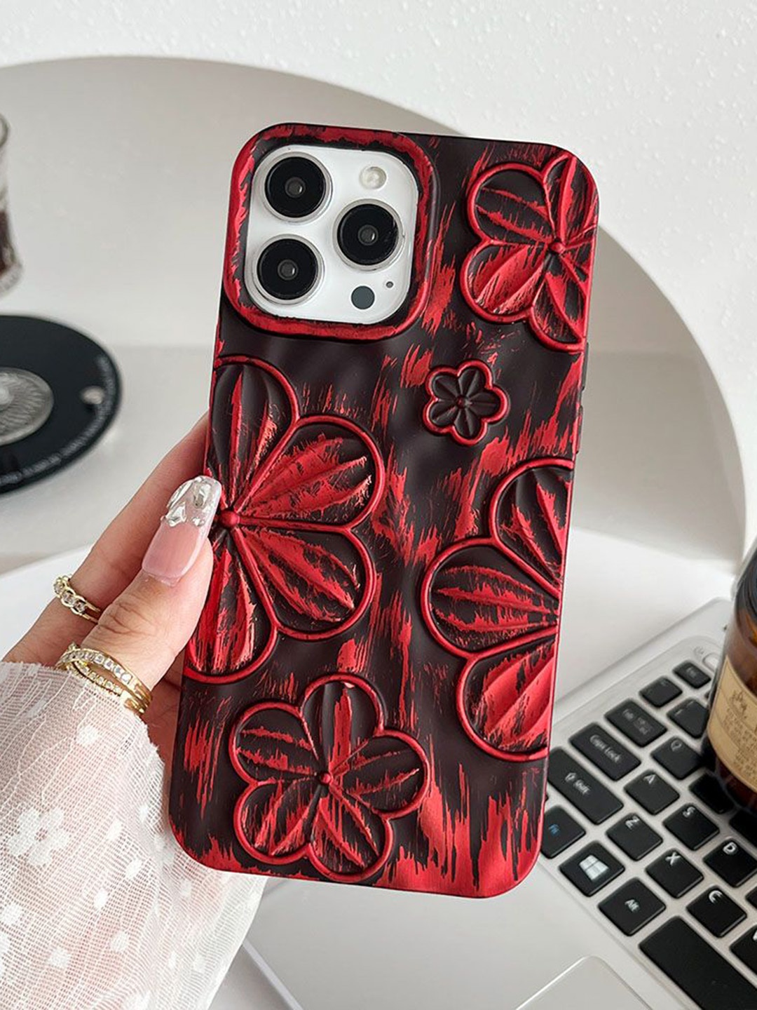 

Luxury Kase Floral Printed iPhone 14 Pro Max Back Case Mobile Accessories, Red