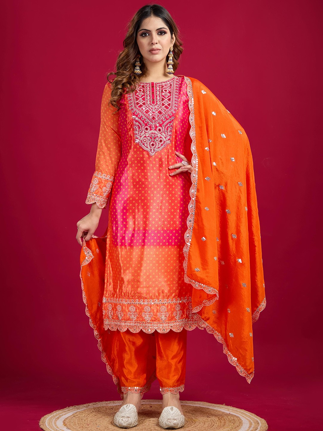 

KALINI Women Bandhani Embroidered Regular Sequinned Kurti with Pyjamas & With Dupatta, Orange
