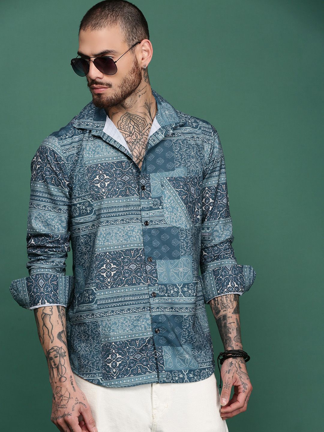 

Sangria Printed Spread Collar Long Sleeve Shirt, Blue