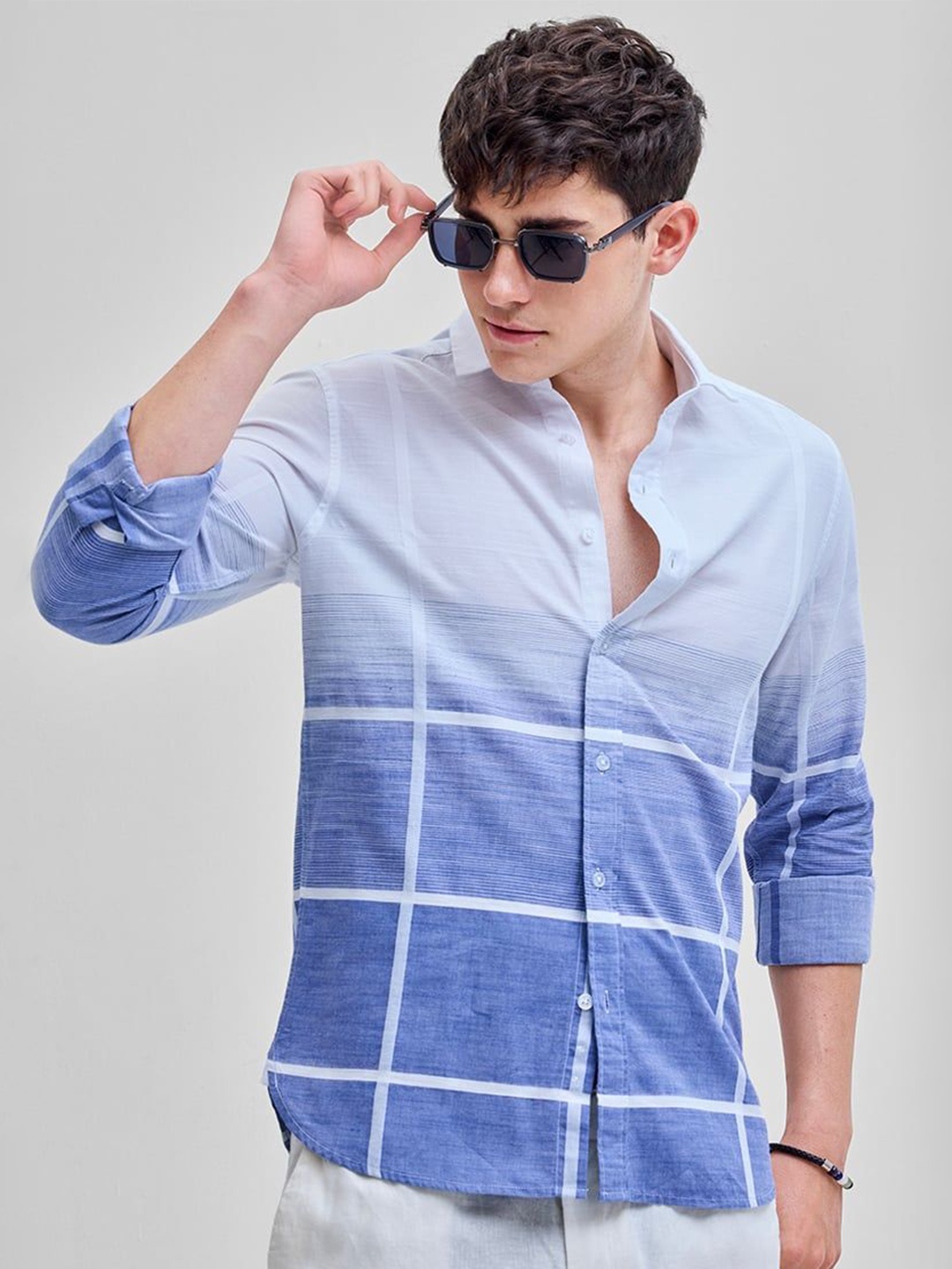 

Snitch Men Smart Slim Fit Opaque Checked Casual Shirt, Blue