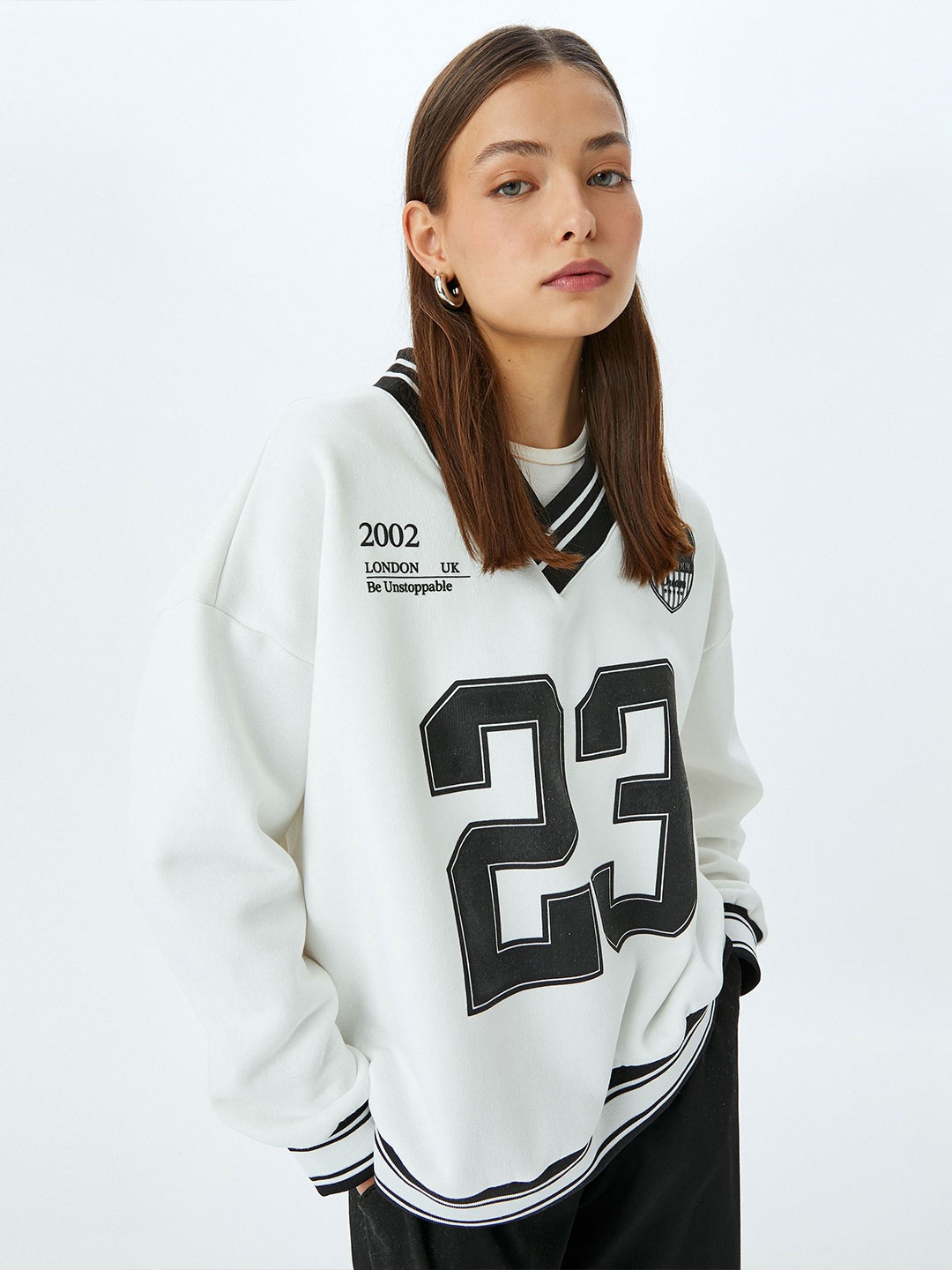 

Koton Women Typography Printed V-Neck Pullover Sweatshirt, White