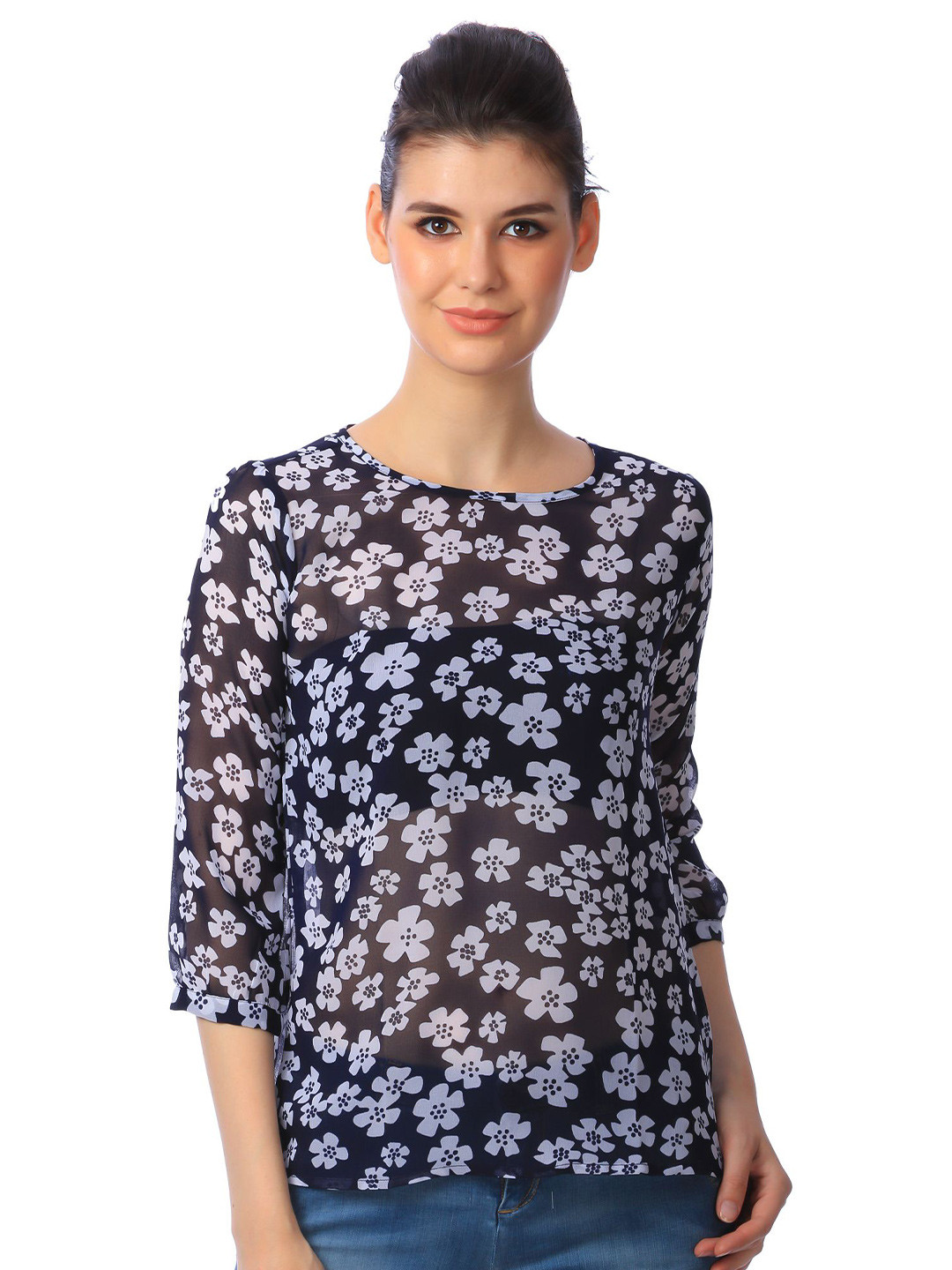 

BAESD Women Floral Print Semi Sheer Georgette Top, Black