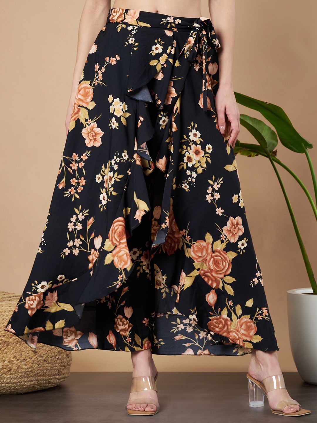 

ZWERLON Floral Printed A-Line Maxi Skirt, Black