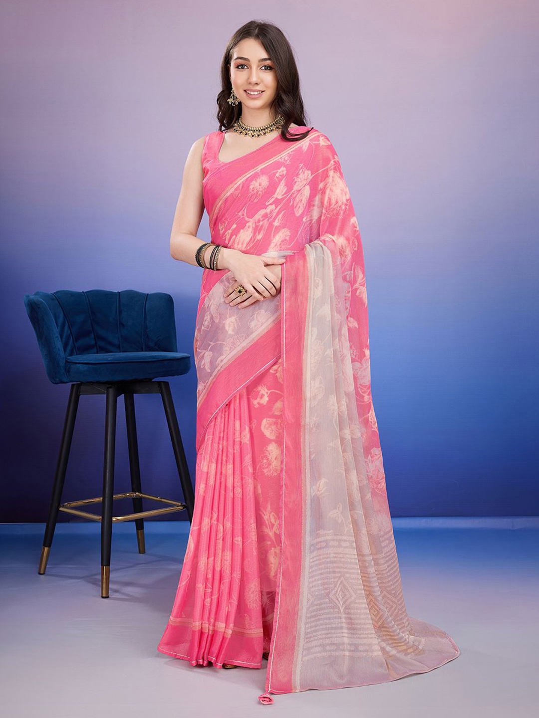 

Rekha Maniyar Ethnic Motifs Phulkari Brasso Heavy Work Block Print Saree, Pink