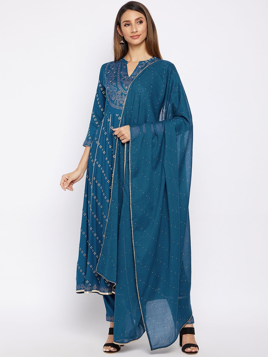 

Prakhya Women Printed Regular Beads and Stones Kurta with Trousers & With Dupatta, Blue