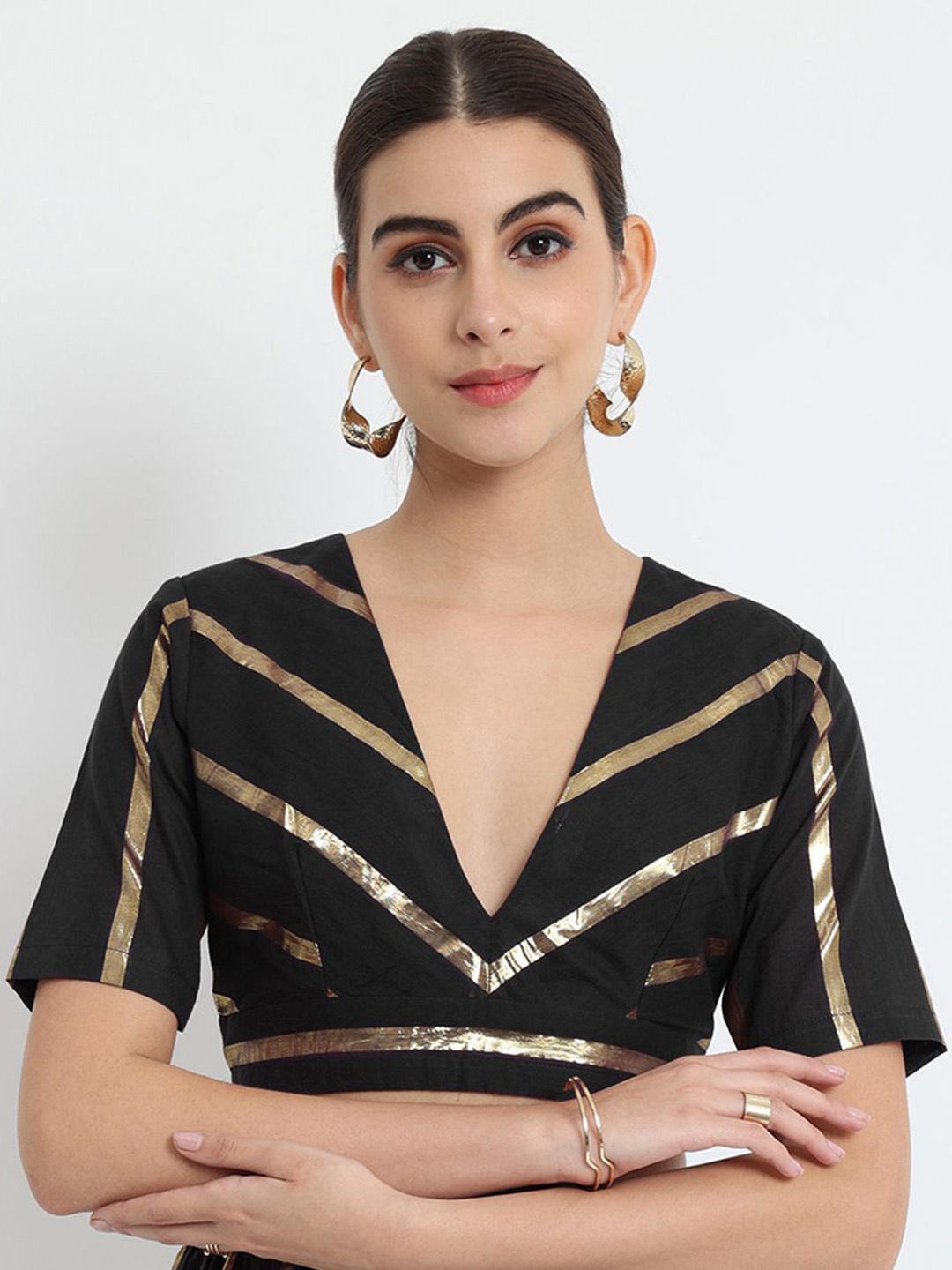 

Thevasa Striped V-Neck Saree Blouse, Black