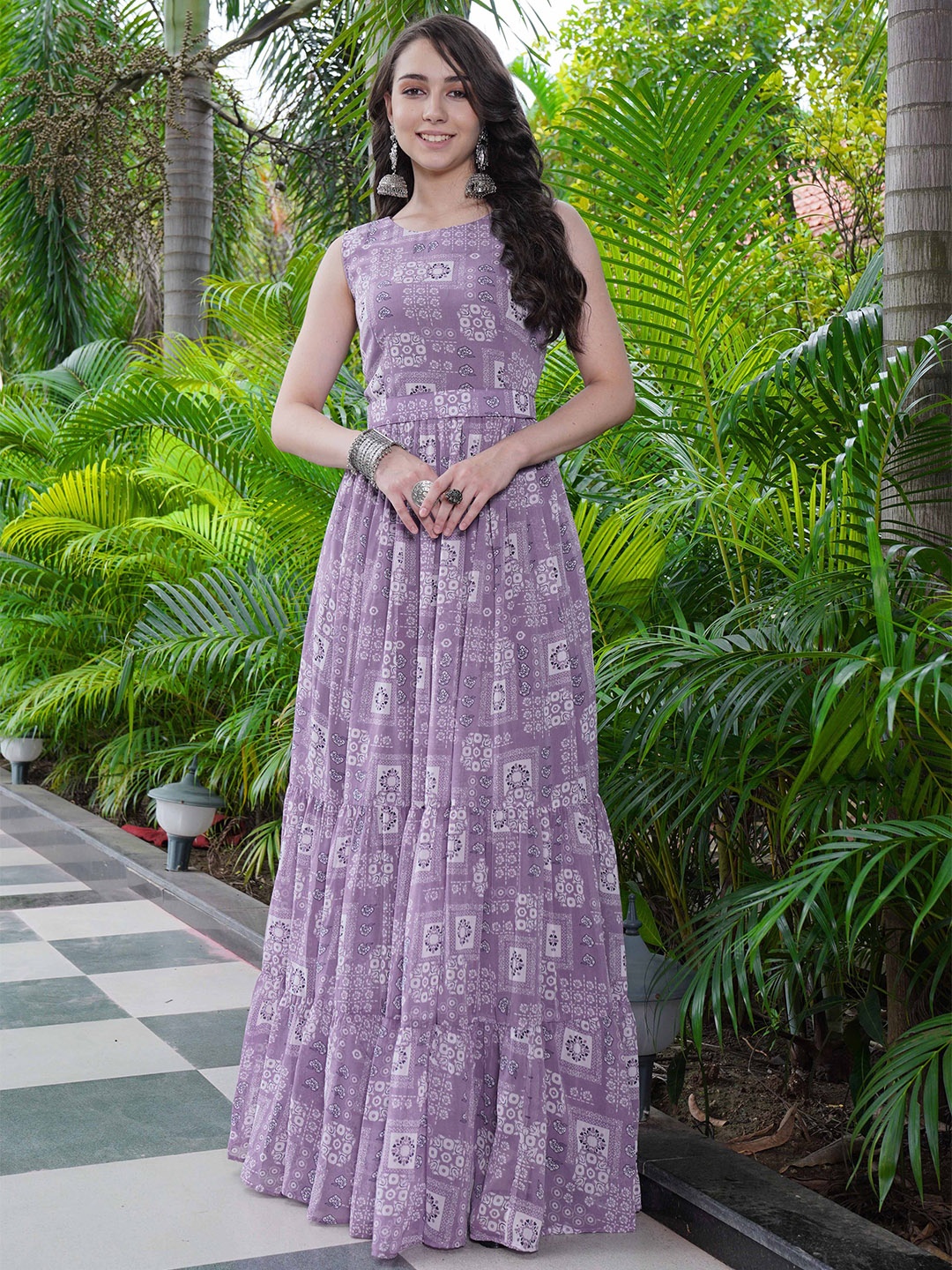 

CHANSI Print Georgette Fit & Flare Maxi Dress, Lavender