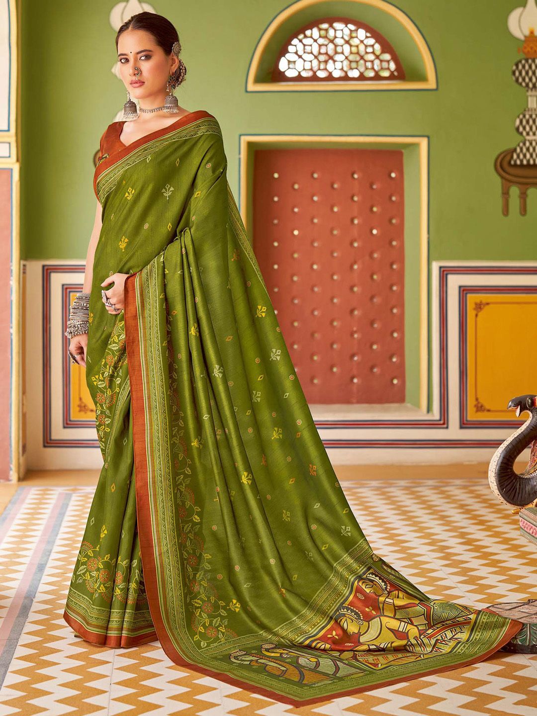 

Saree mall Kalamkari Silk Blend Designer Tussar Sarees, Green