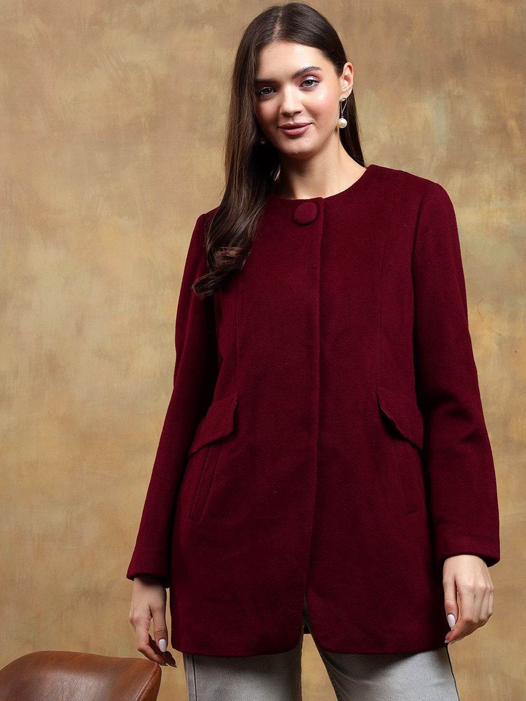 

Kotty Band Collar Long Sleeves Overcoat, Maroon
