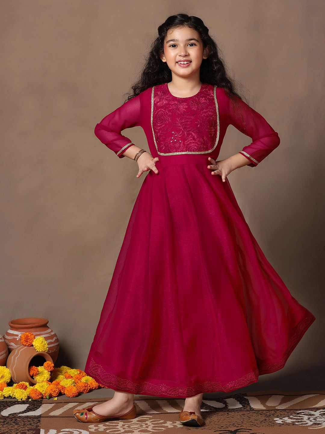 

BAESD Girls Floral Embroidered Ethnic Maxi Dress, Pink