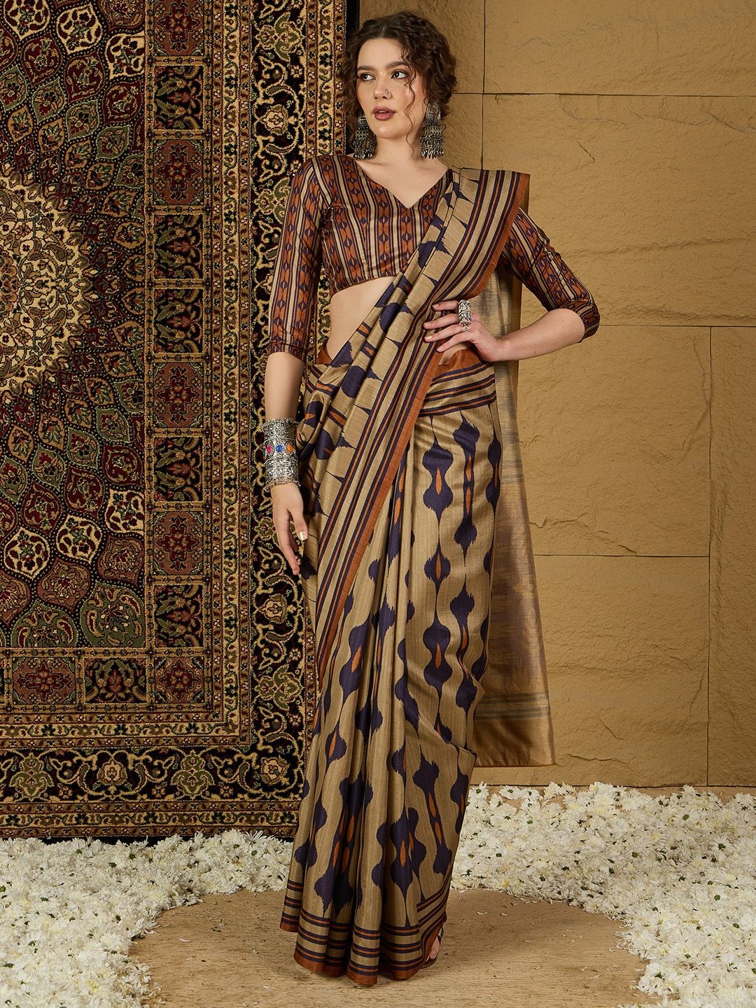 

Saree mall Ethnic Motifs Silk Blend Bagru Sarees, Beige