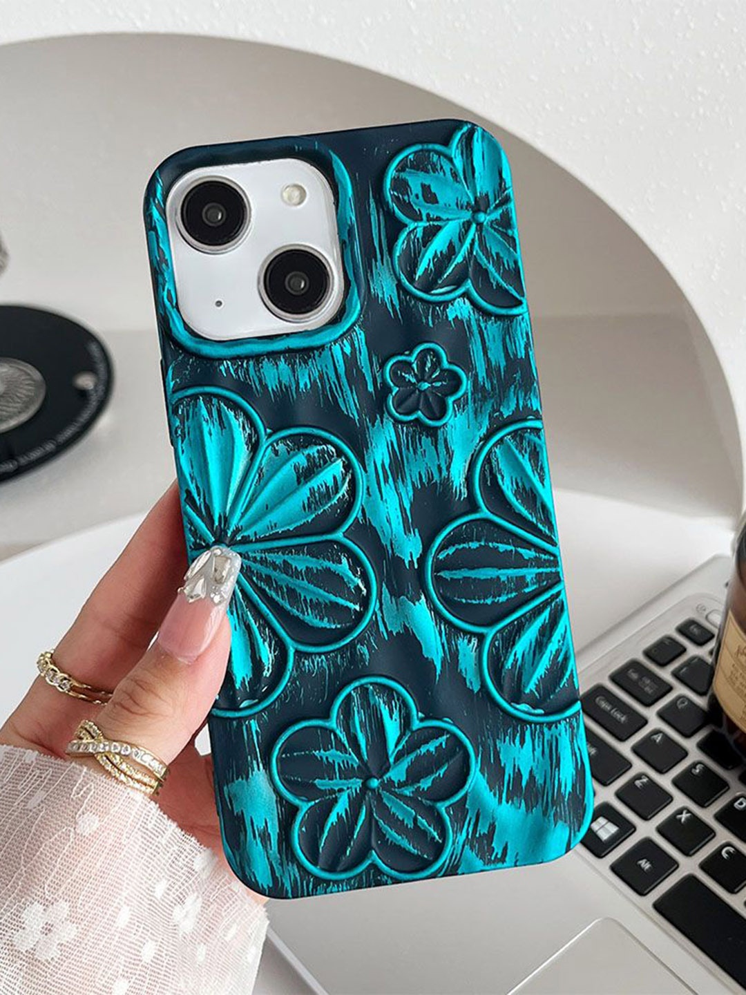 

Luxury Kase Floral Printed iPhone 14 Back Case Mobile Accessories, Blue