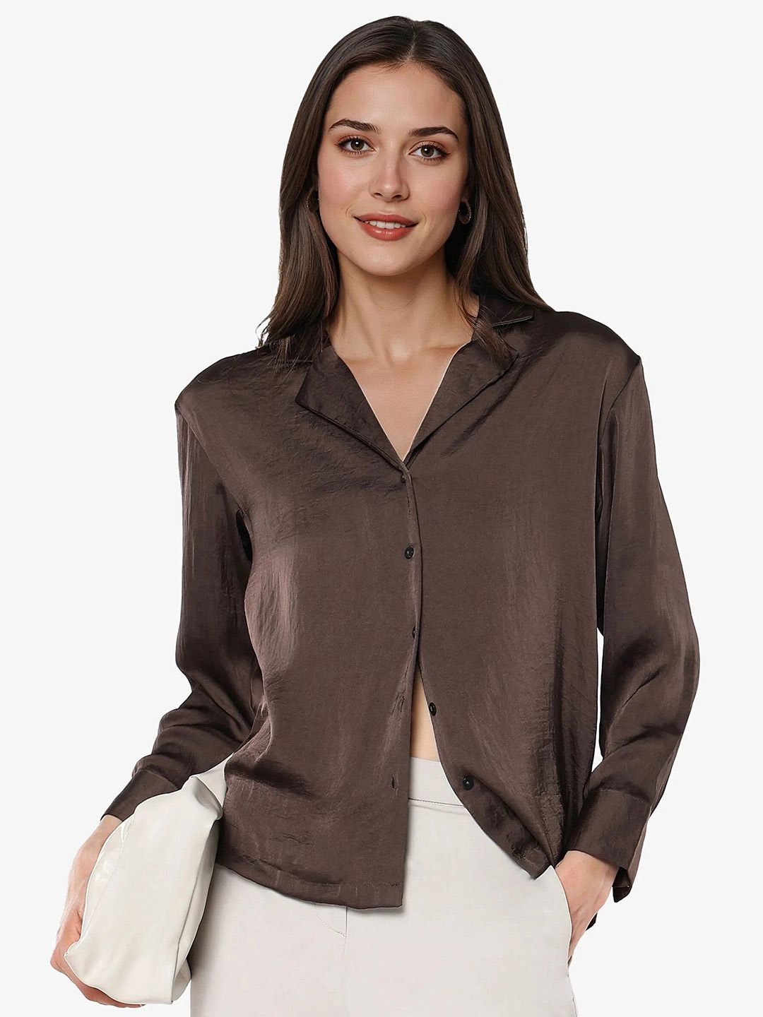 

RAREISM Women Lapel Collar Long Sleeves Shirt Style Top, Brown