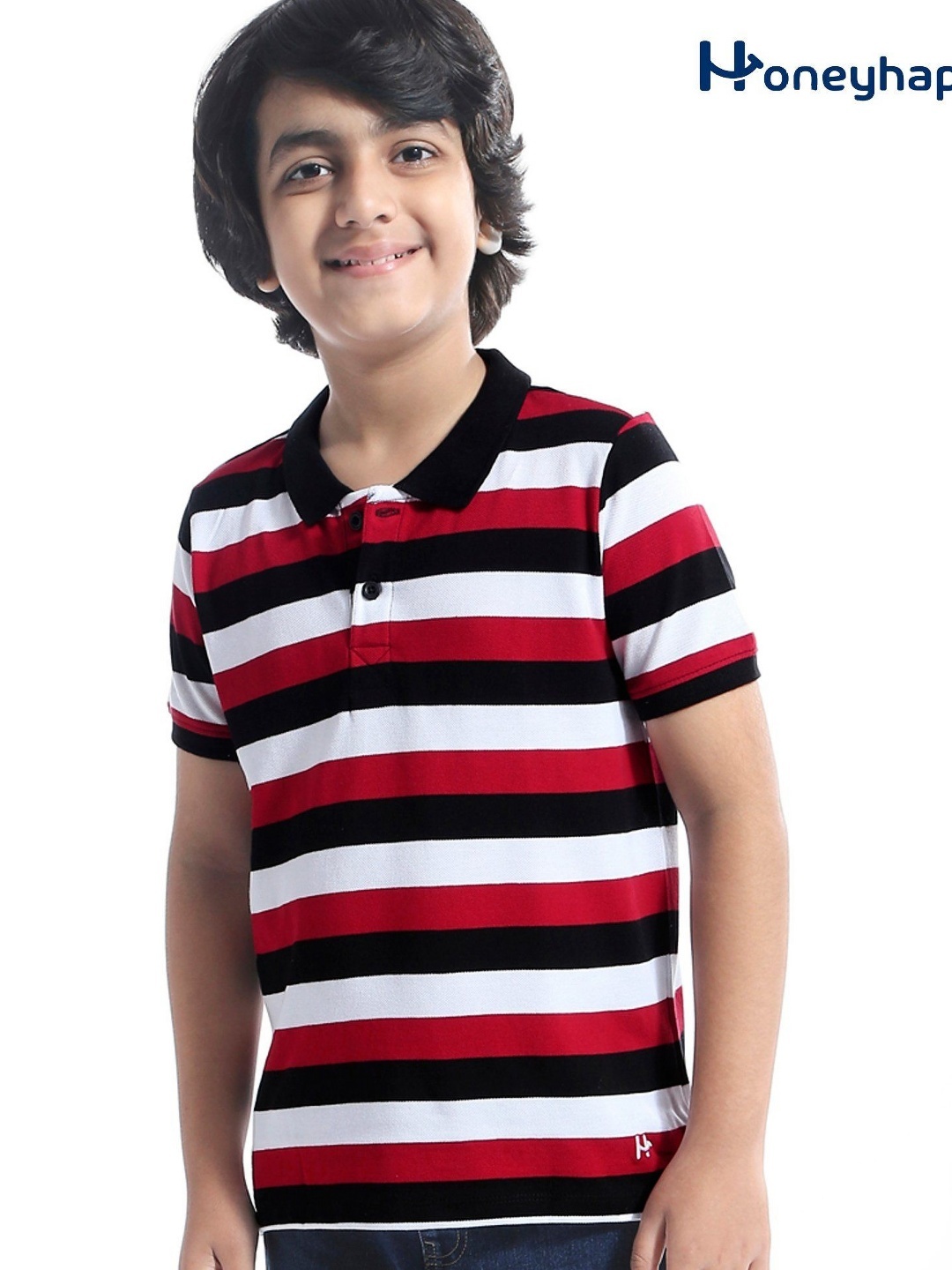 

Honeyhap Boys Striped Polo Collar Applique T-shirt, Black