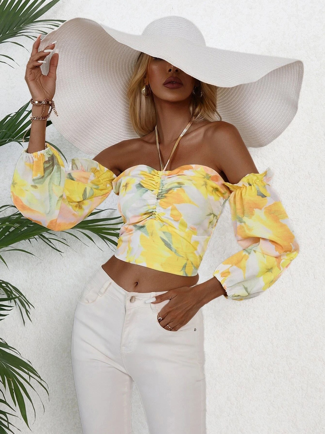 

Stylecast X Slyck Floral Printed Cold-Shoulder Bardot Crop Top, Yellow