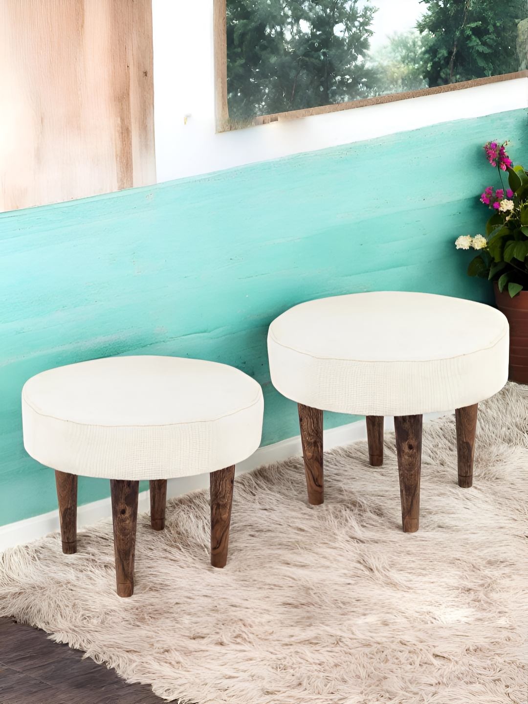 

Ikiriya Set of 2 White Wooden Round Stools with Jaquard Work Upholstery, Off white