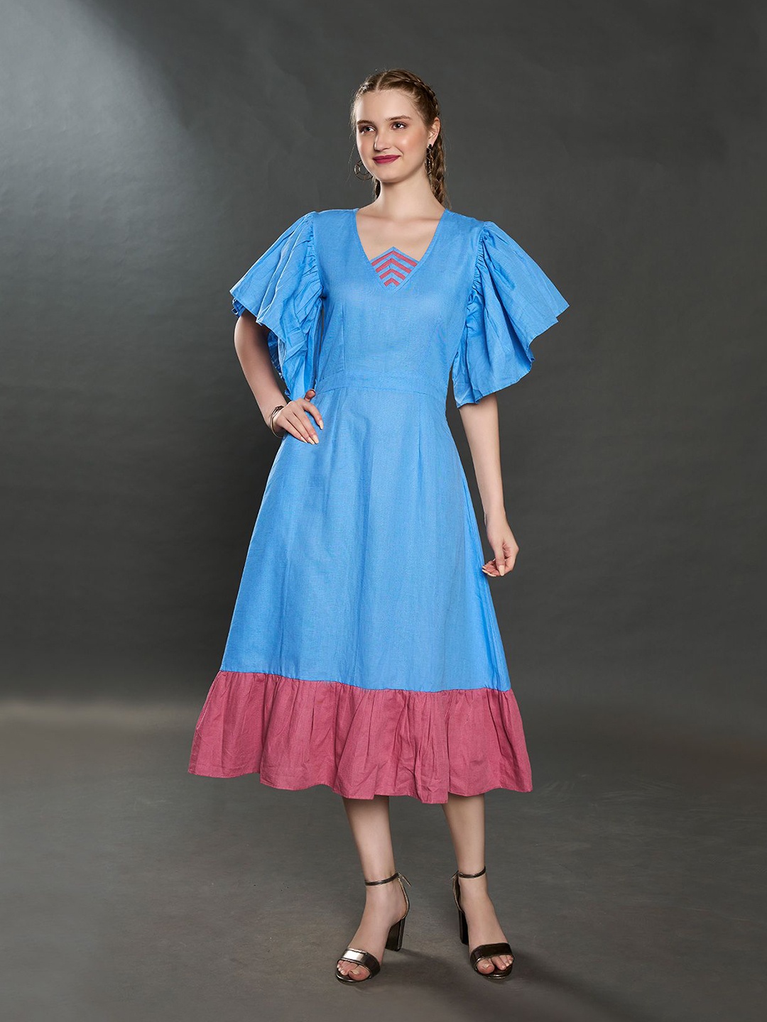 

ZILAIRE Flared Sleeve Linen Fit & Flare Dress, Blue