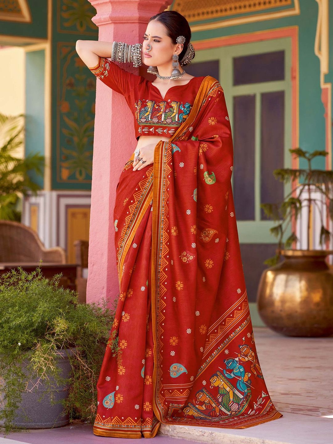 

Saree mall Kalamkari Silk Blend Tussar Sarees, Red
