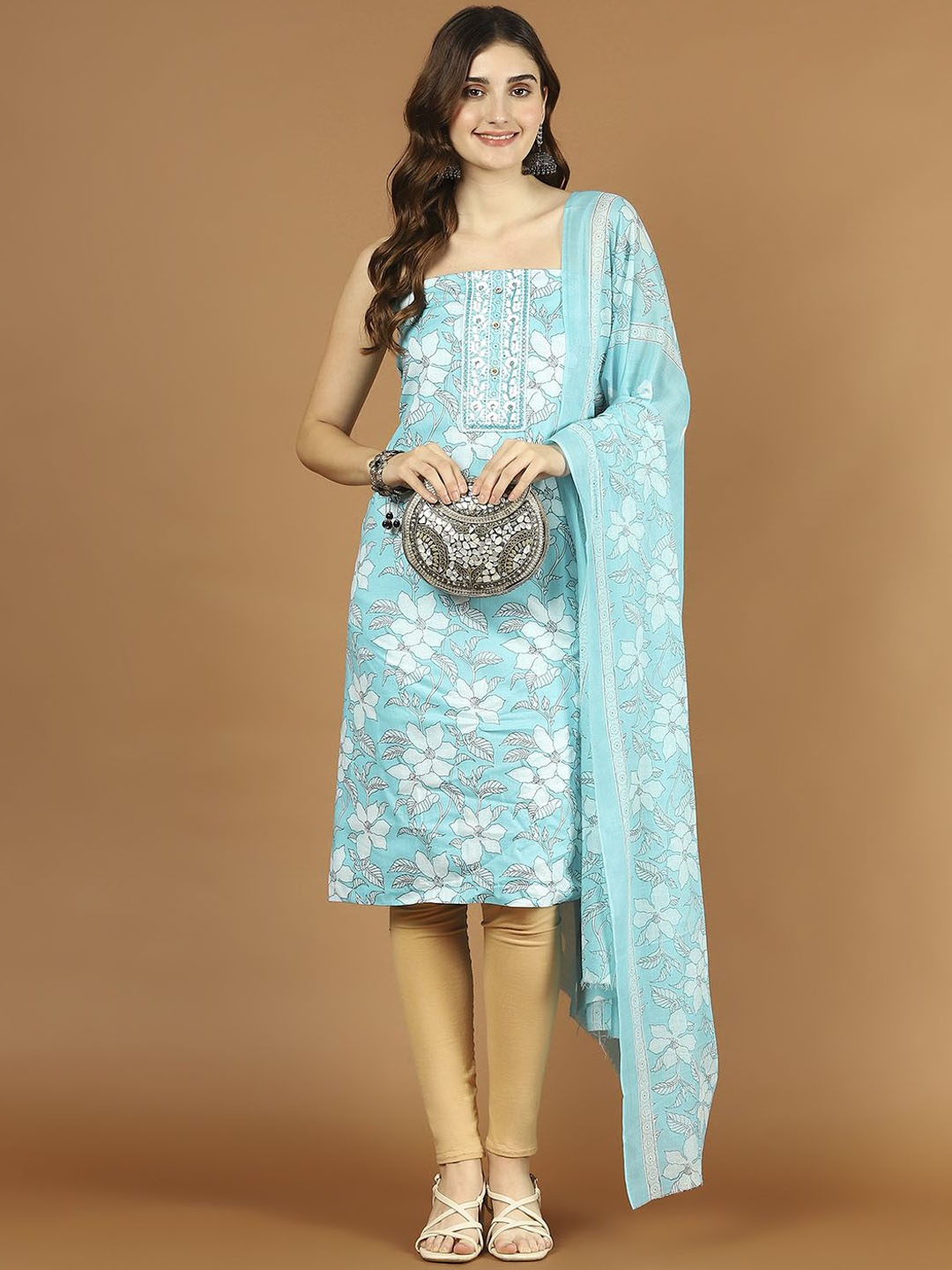 

Meena Bazaar Floral Printed Cotton Unstitched Dress Material, Sea green