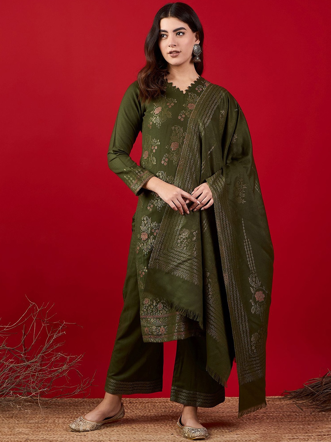 

HK colours of fashion Unstitched Dress Material, Olive