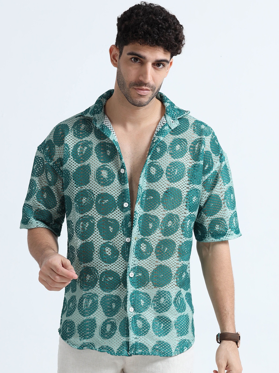 

BEVDAAS Men Comfort Fit Spread Collar Textured Cotton Oversized Casual Shirt, Green