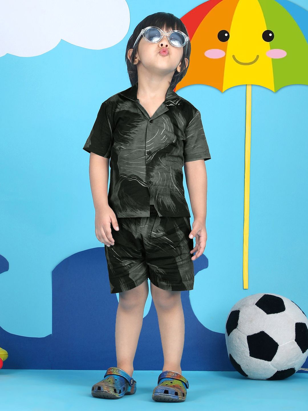 

Polka Tots Boys Printed Shirt with Shorts, Black