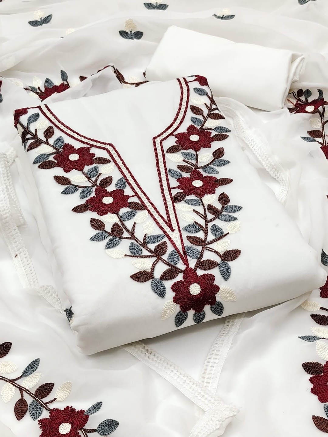

ZEEPKART Silk Georgette Unstitched Dress Material, White