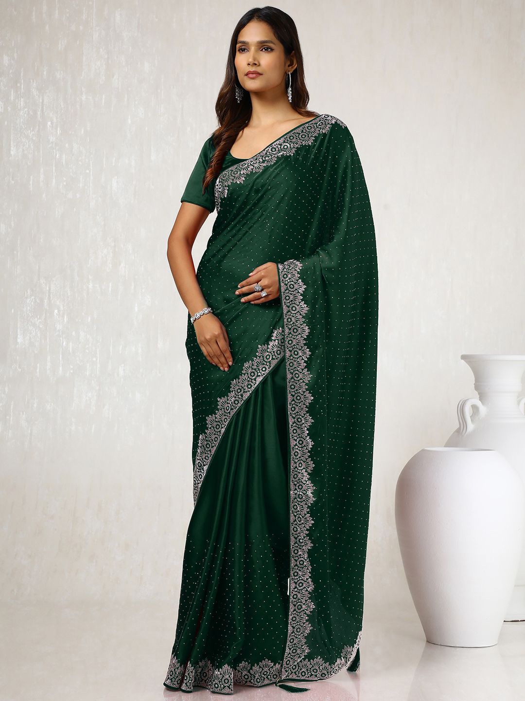 

Soch Satin Embellished Beads and Stones Saree, Green