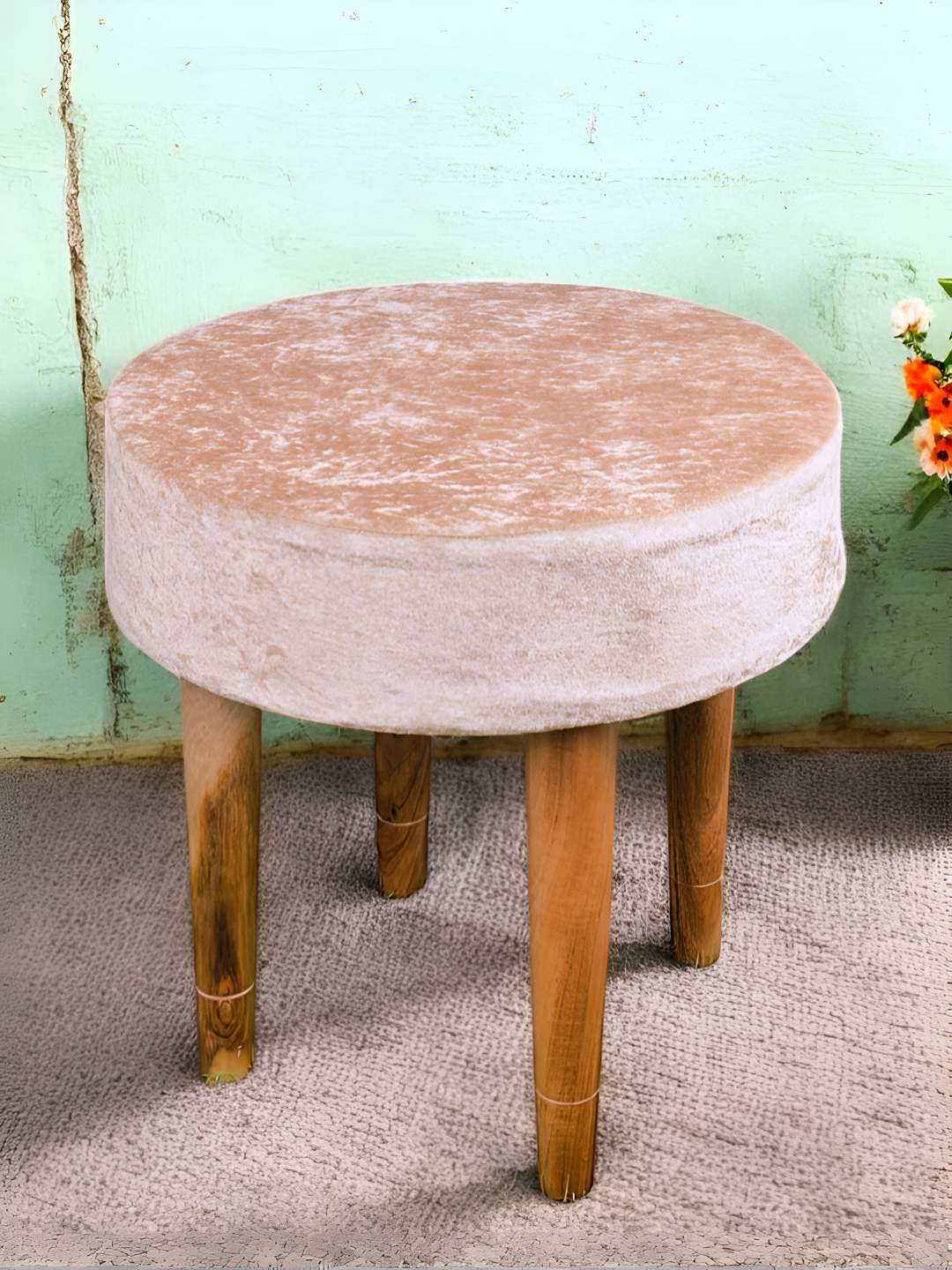 

Ikiriya Maple Sheesham Wood Accent Sparkle Upholstery Round Foot Stool, Beige