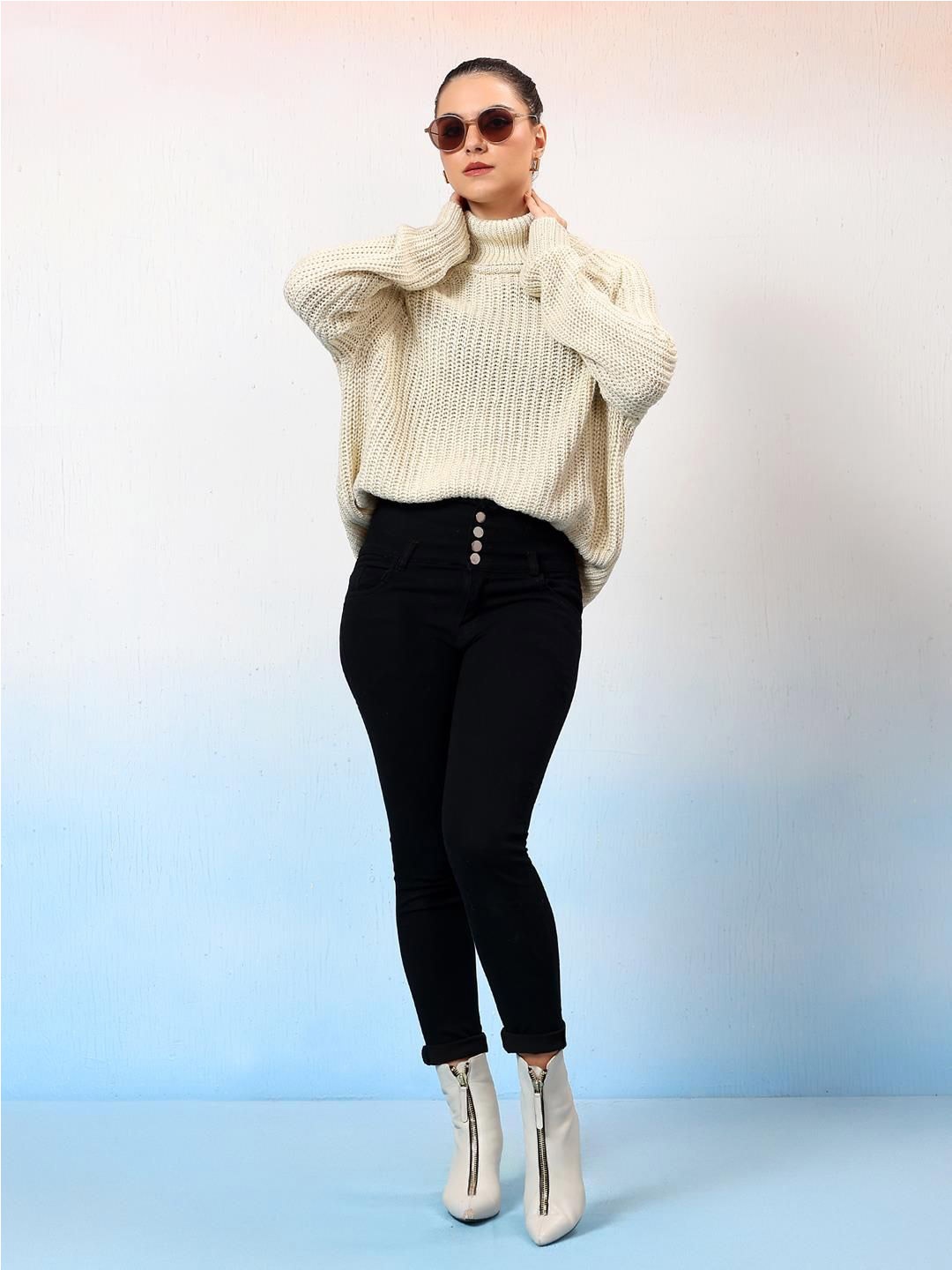 

Stylecast X Kotty Women Ribbed Turtle Neck Pullover, Beige