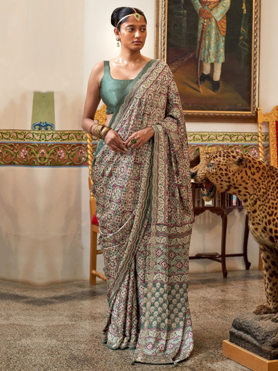 

Saree mall Ajrak Block Beads and Stones Poly Crepe Designer Block Print Sarees, Sea green